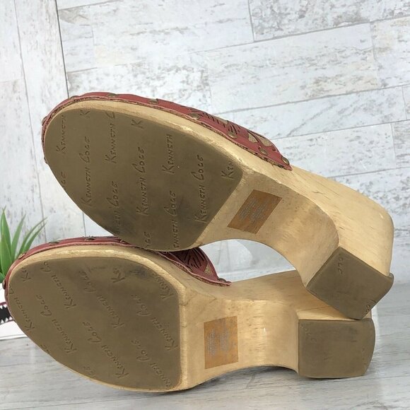 Kenneth Cole Womens Wooden Peep Toe Heels Platform Size 8 "Rare" Red/Burgandy‎ - Picture 8 of 12